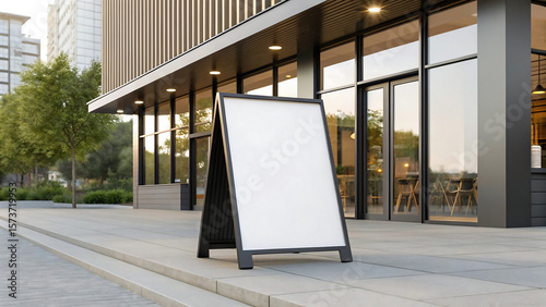 Blank A-frame signage mockup standing outside a modern coffee shop