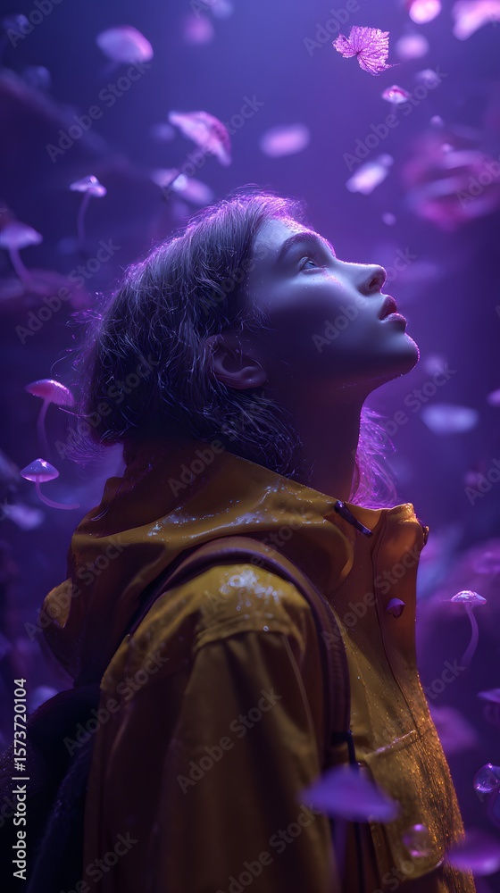 Fototapeta premium Young Woman Looking at Jellyfish in Aquarium with Purple Light