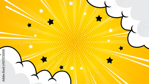 Yellow comic book background with stars and speech bubbles. Ideal for adding a fun touch to designs for kids products.