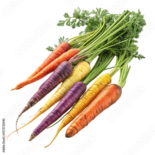 Assortment of colorful heirloom carrots with green tops isolated on transparent background
