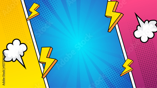 Vibrant comic book background with yellow lightning bolts. Perfect for superhero designs, posters, or dynamic digital creations. Great for action packed projects.