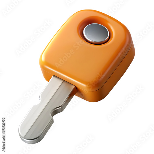 Modern orange car key with silver button isolated on transparent background