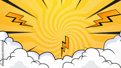 Yellow comic book background with lightning bolts and clouds, suitable for comic book covers, superhero themed designs, or children's illustrations.
