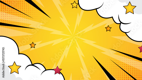 Yellow comic book background with stars and lightning bolts. Ideal for superhero themed designs in posters, cards, comics, or social media.