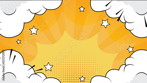 Vibrant comic book style explosion suitable for graphic design projects, posters, comic strips, and superhero themed illustrations. Bold and attention-grabbing.