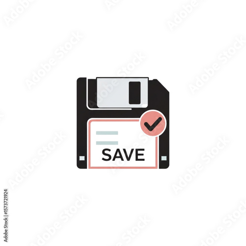 Vector illustration of a floppy disk icon with a save button and checkmark.