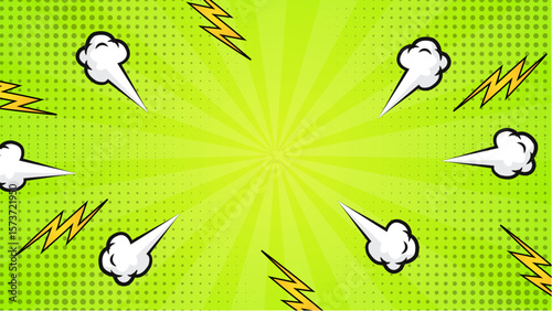 Green comic book background with lightning bolts and speech bubbles, perfect for superhero themed designs, posters, or digital comics. Suitable for graphic design.