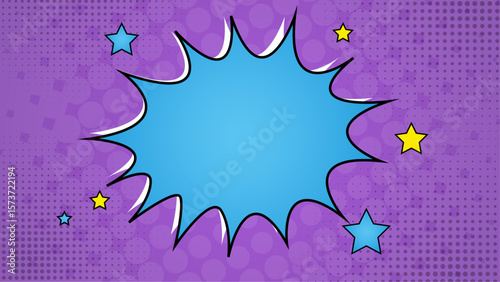 Purple pop art image featuring a blue speech bubble with stars. Suitable for social media posts, graphic design, and communication visuals.