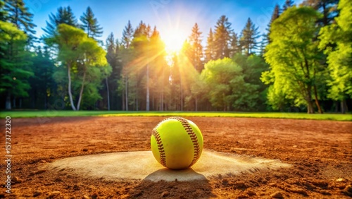 Softball on Pitcher's Mound with Vibrant Day-Glo Yellow Ball, surrounded by lush red dirt field grass and towering trees in a sunlit outdoor setting , red dirt field, outdoor stadium
