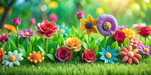 A vibrant floral arrangement made from plasticine situated on a lush green grass field, with various colorful flowers and foliage surrounding it, nature, plants