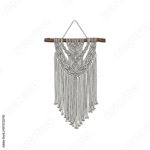 A handcrafted macrame wall hanging with intricate knotting patterns, suspended from a wooden branch.