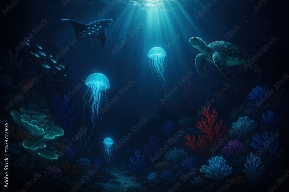 Fototapeta premium Mystical Underwater Realm with Bioluminescent Creatures and Sunbeam Penetration
