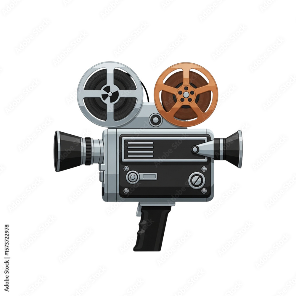 Obraz premium Vintage movie camera, detailed illustration, showing film reels and lens.