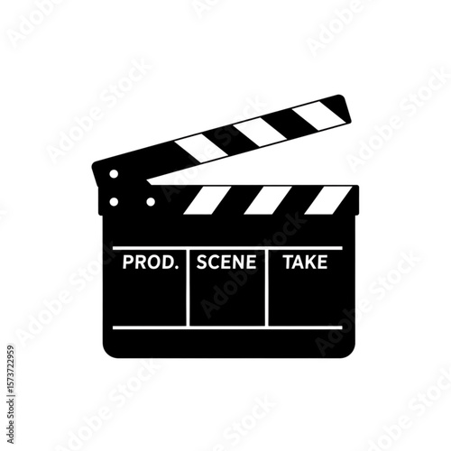 A black and white illustration of a film clapperboard with "PROD.", "SCENE", and "TAKE" labels.