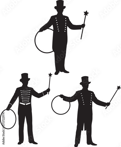 Dynamic ringmaster silhouette leading a circus performance