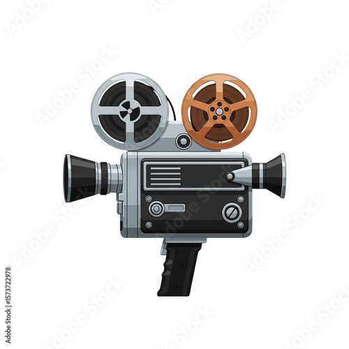 Vintage movie camera, detailed illustration, showing film reels and lens.