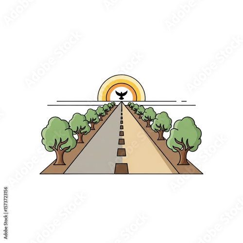 A stylized illustration of a road lined with trees leading towards a rising sun and a silhouetted bird in flight.