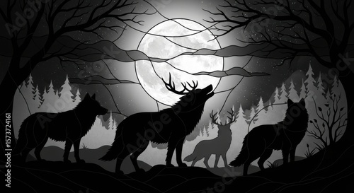 Mystical Moonlight Forest Symphony of Wolves and Deer