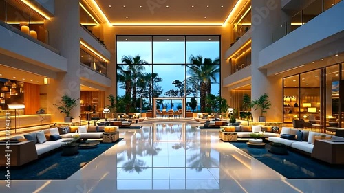 Luxurious hotel lobby with stylish seating area and high ceilings, inviting atmosphere and modern design