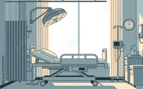 Hospital room interior with adjustable bed medical equipment and surgical lighting.