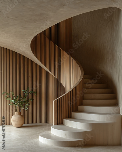 Modern Interior with Curved Staircase and Vertical Wooden Wall Design