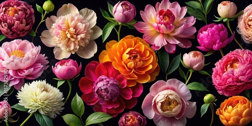 Fototapeta Naklejka Na Ścianę i Meble -  Colorful peonies in various stages of bloom on a seamless black background