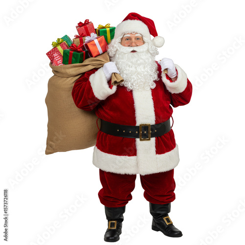 Full Length Santa Claus with Gifts in Sack Festive White Beard PNG