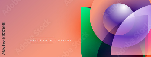 Abstract geometric shapes overlap, creating vibrant color gradients. Peach background complements purple, green, orange hues. Modern design element.