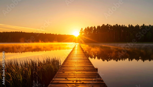Fototapeta Naklejka Na Ścianę i Meble -  Sunrise over calm lake with wooden pier leading into misty water and forest silhouette in warm golden light