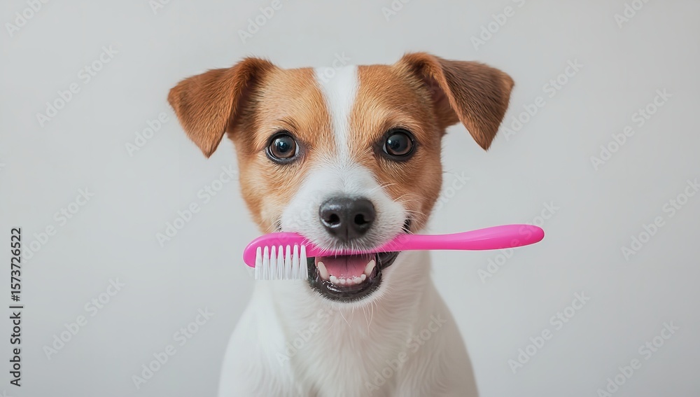 Happy Dog Holding Toothbrush in Mouth, Close-Up on White Studio Background for Pet Care Concept Happy Dog Holding Toothbrush in Mouth, Close-Up on White Studio Background for Pet Care Concept