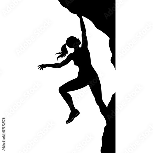 Sketchy emblem of rock climber grabbed a ledge in the rocks with one hand. Engraving minimalistic vector in black ink drawing on transparent background