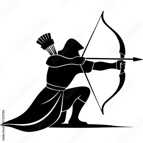 Sketchy emblem of Stealthy Rogue aims his bow while kneeling. Engraving minimalistic vector in black ink drawing on transparent background