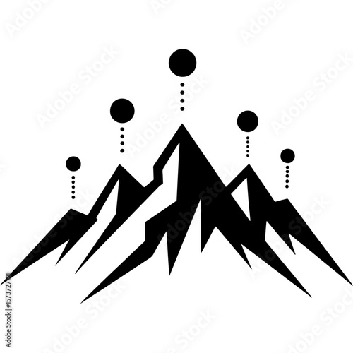 Sketchy emblem of route points marked on the map of mountain peaks. Engraving minimalistic vector in black ink drawing on transparent background