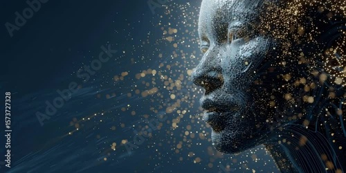 A digital human head composed of glowing particles, set against an abstract dark blue background with scattered stars and lines Generative AI