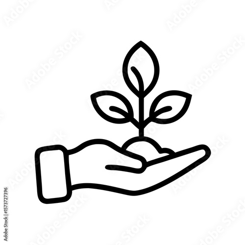 Hand Holding Growing Plant Icon – Nature Care Line Art Vector