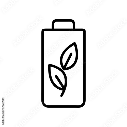 Eco Battery Icon – Sustainable Energy with Leaves Line Art Vector