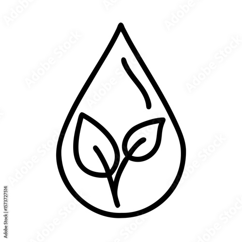 Eco Water Drop Icon – Leaf Inside Drop Line Art Vector