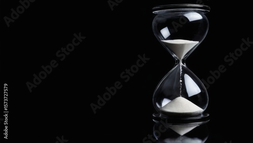 Hourglass with White Sand Trickling Down in Transparent Glass, on Black Background, Captured from Elevated Angle.