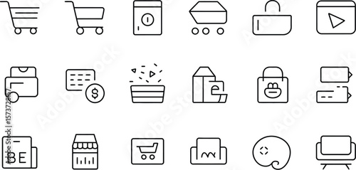 A collection of various line art icons related to commerce and retail use