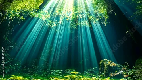Magical sun rays through the leaves in a dreamy forest, ethereal light, nature beauty