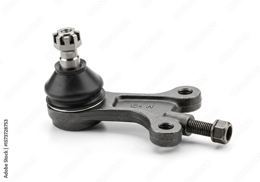 Close up of a gray ball joint with a castle nut and a bolt on a white background surface area Close up of a gray ball joint with a castle nut and a bolt on a white background surface area