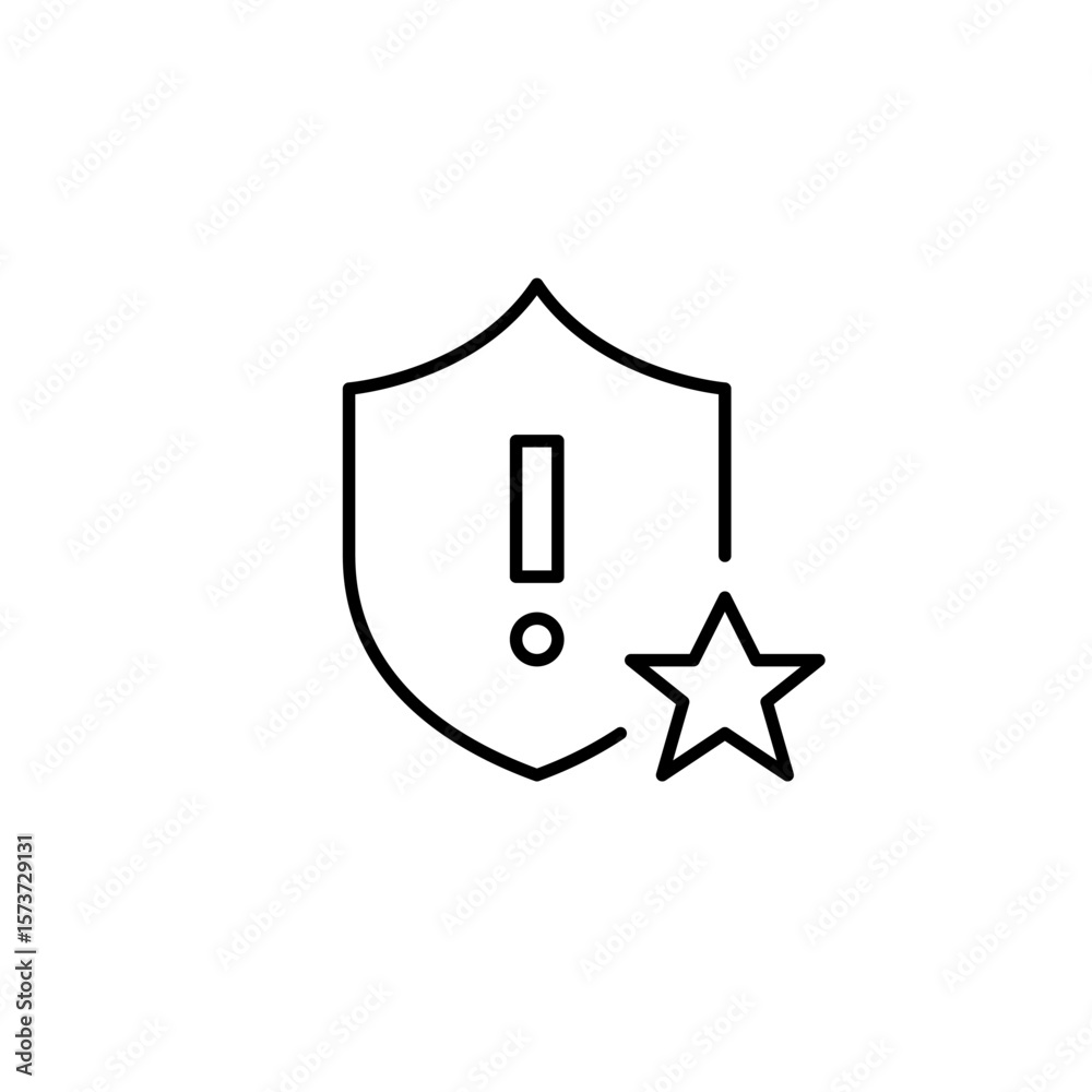 Security shield, star and exclamation mark. High priority danger alert. Pixel perfect, editable stroke vector icon Security shield, star and exclamation mark. High priority danger alert. Pixel perfect, editable stroke vector icon