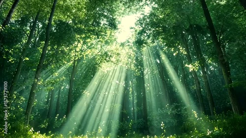 Magical sunlight streaming through lush green forest canopy creates serene nature scene