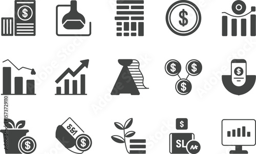 Collection of finance and investment icons representing growth and decline