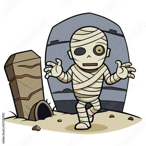 Cartoon Mummy Character Walking from Graveyard Halloween Illustration