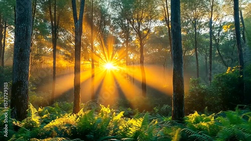 Magical sunrise beams through forest trees illuminating ferns in a serene landscape