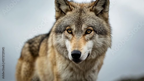 Majestic gray wolf stands on rocky mountain terrain under a dramatic cloudy sky