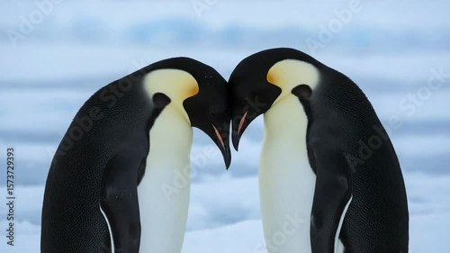 Intimate of two emperor penguins touching heads in Antarctica