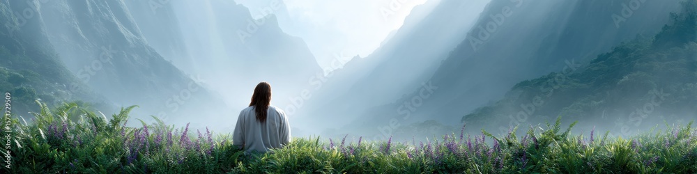 Fototapeta premium Sermon on the Mount landscape with Jesus amidst flowers and greenery for spiritual reflection