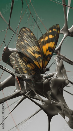 Butterfly on Abstract Geometric Web - Detailed Macro Close-up - 3D Rendered Illustration